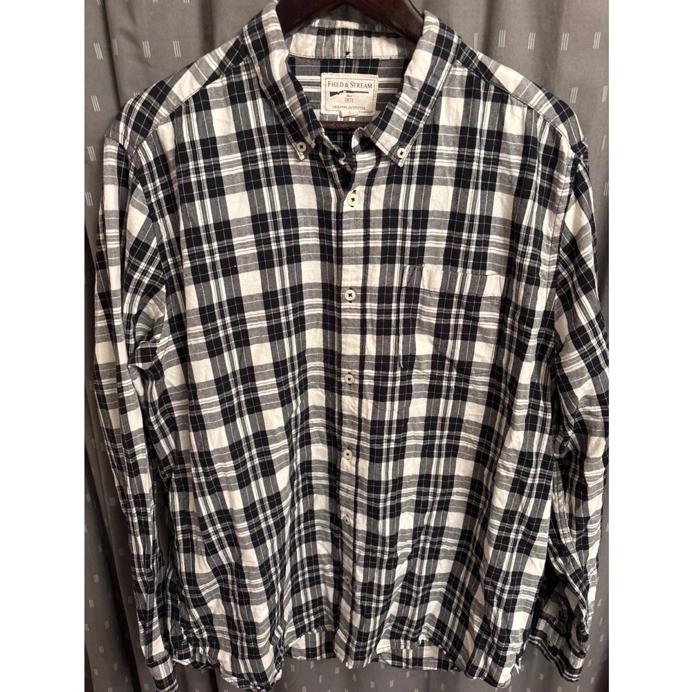 Field & Stream Mens Black White Plaid Long Sleeve Button Down Cotton Shirt Large